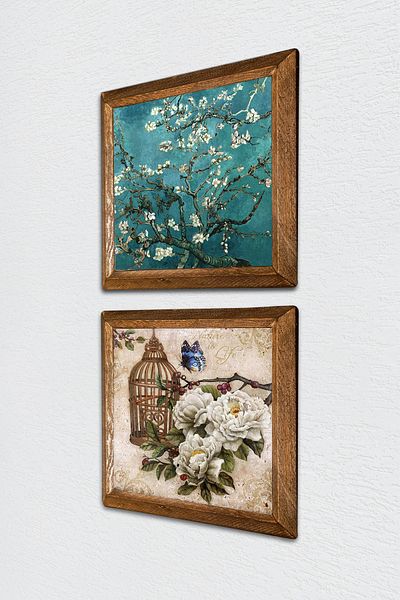 Pinecone Van Gogh Măslin, Floare Fluture Pictură pe perete de piatră Decor de perete cu rame din lemn -W2-287-