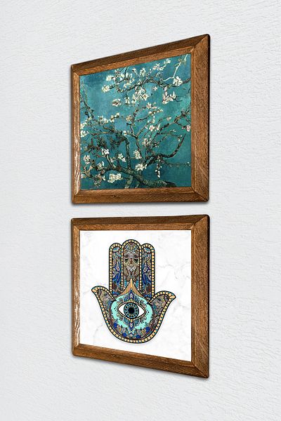 Pinecone Van Gogh Arborele de migdale, Mâna Domnă Fatma (Hamsa) Pictură pe perete din piatră Decor de perete cu rame din lemn -W2-19-