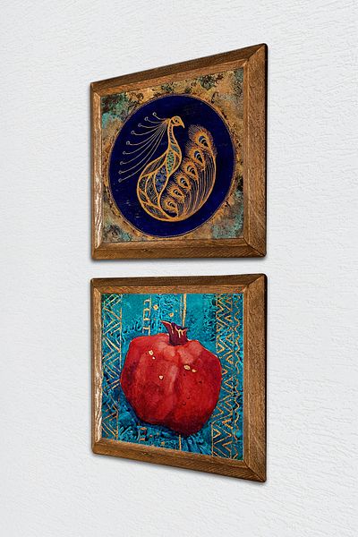 Pinecone Păun, Pictură pe perete cu piatră de rodie Decor de perete cu rame din lemn Set de pictură din 2 piese Artă de perete -W2-123-