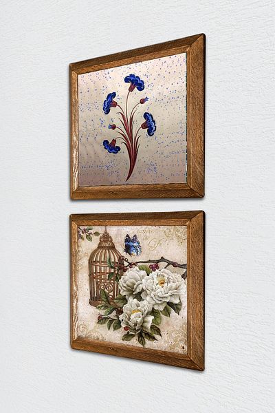 Pinecone Ebru Art, Butterfly Flower Stone Ζωγραφική τοίχου με ξύλινο πλαίσιο Διακόσμηση τοίχου Σετ ζωγραφικής 2 τεμαχίων -W2-296-
