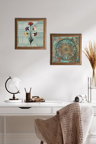 Pinecone Marbling Art, Flower of Life Stone Wall Painting Wood Framed Wall Decor 2 Piece Table Set -W2-521-