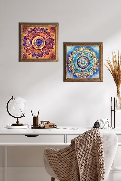 Pinecone Pictură de perete cu piatră Mandala Decor de perete cu rame din lemn Set de pictură din 2 piese Artă de perete -W2-577-