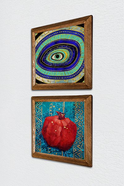 Pinecone Evil Eye, Pomegranate Stone Wall Art Wooden Framed Wall Decor 2 Piece Table Set Wall Art -W2-127-