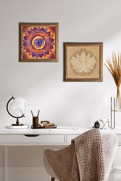 Pinecone Mandala, Lotus Flower Stone Wall Painting with Wooden Frame Wall Decor 2 Piece Painting Set -W2-501-