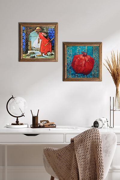 Pinecone Turtle Trainer, Pomegranate Stone Wall Painting Wall Decor Set of 2 with Wooden Frame -W2-91-