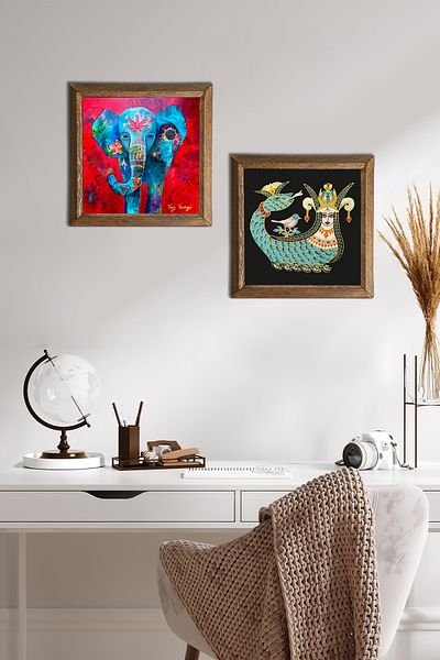 Pinecone Elephant, Shahmeran Stone Wall Painting with Wooden Frame Wall Decor 2 Piece Painting Set Wall Art -W2-267-