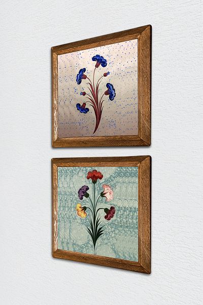 Pinecone Ebru Art Stone Pictură de perete cu rame din lemn Decor de perete Set de pictură din 2 piese Wall Art -W2-596-