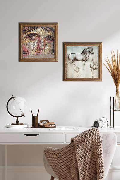 Pinecone Mozaic pentru fată țigănească, sculptură de cal Leonardo da Vinci Pictură pe perete din piatră Decor de perete înrămat -W2-319-