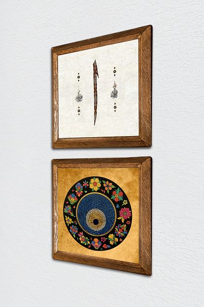 Pinecone Elif, Evil Eye Stone Wall Painting with Wooden Frame Wall Decor 2 Piece Painting Set Wall Art -W2-404-