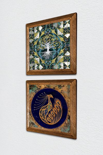 Pinecone Tree of Life, Peacock Stone Wall Painting Wood Framed Wall Decor 2 Piece Painting Set -W2-530-
