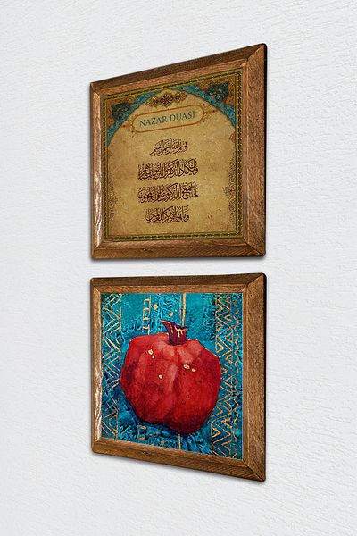 Pinecone Evil Eye Prayer, Pomegranate Stone Wall Painting with Wooden Frame Wall Decor 2 Piece Painting Set Wall Art -W2-107-