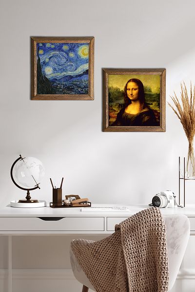 Pinecone Van Gogh Starry Night, Da Vinci Mona Lisa Stone Wall Painting Wood Framed Wall Decor -W2-327-
