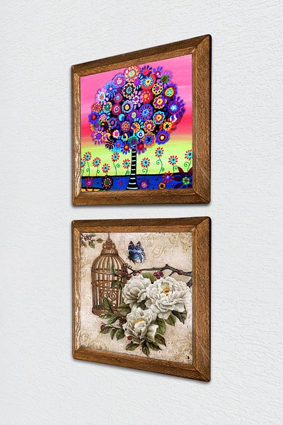 Pinecone Flower with Butterfly, Tree of Life Stone Wall Painting Wooden Framed Wall Decor Set of 2 Painting -W2-651-