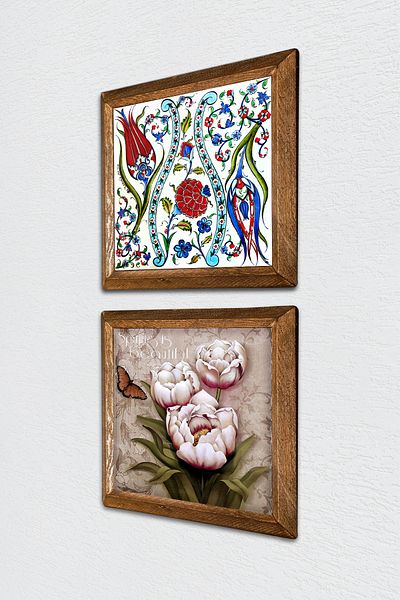 Pinecone Tulip, Butterfly Flower Stone Wall Painting Wooden Framed Wall Decor 2 Piece Painting Set -W2-308-