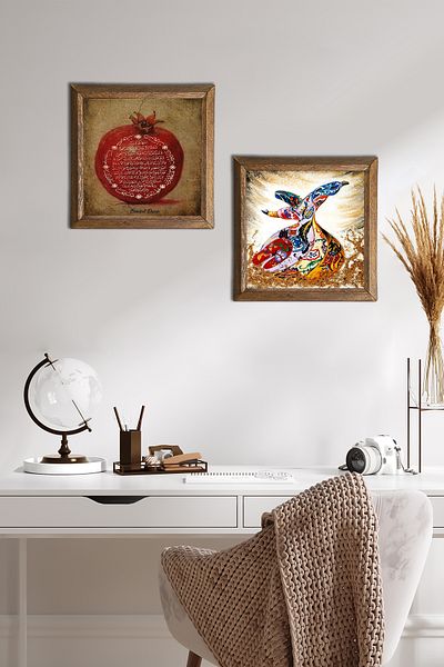 Pinecone Fertility Prayer, Whirling Dervish Stone Wall Painting Wooden Framed Wall Decor 2 Piece Painting Set -W2-613-