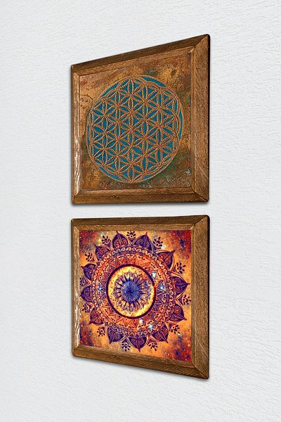 Pinecone Flower of Life, Mandala Stone Wall Painting Wood Framed Wall Decor 2 Piece Painting Set -W2-585-