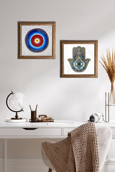 Pinecone Evil Eye, Fatma Mother Hand (Hamsa) Stone Wall Painting Wooden Framed Wall Decor Set of 2 Paintings -W2-61-