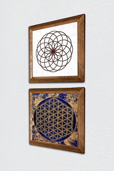 Pinecone Floarea vieții Pictură pe perete din piatră Decor de perete cu rame din lemn Set de pictură din 2 piese Artă de perete -W2-448-