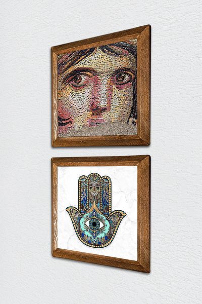 Pinecone Gypsy Girl Mosaic, Fatma Mother Hand (Hamsa) Stone Wall Painting Wooden Framed Wall Decor -W2-22-