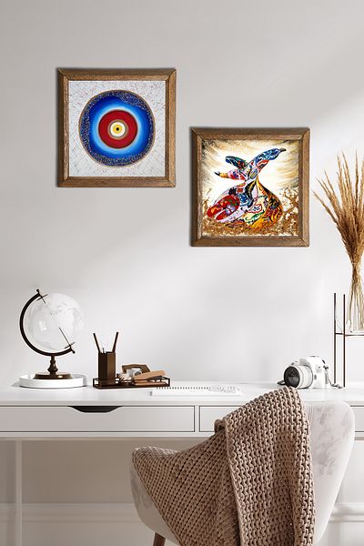 Pinecone Evil Eye, Whirling Dervish Stone Wall Painting with Wooden Frame Wall Decor 2 Piece Painting Set Wall Art -W2-635-