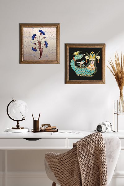 Pinecone Marbling Art, Shahmeran Stone Wall Painting with Wooden Frame Wall Decor 2 Piece Painting Set -W2-272-