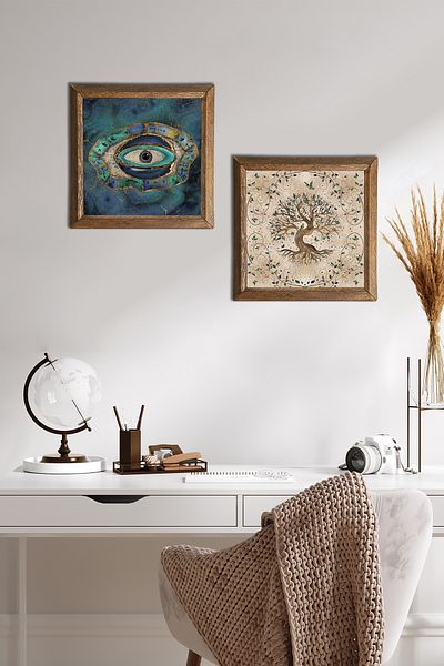 Pinecone Evil Eye, Arborele Vieții Pictură pe perete din piatră Decor de perete cu rame din lemn Set de 2 picturi Artă de perete -W2-215-