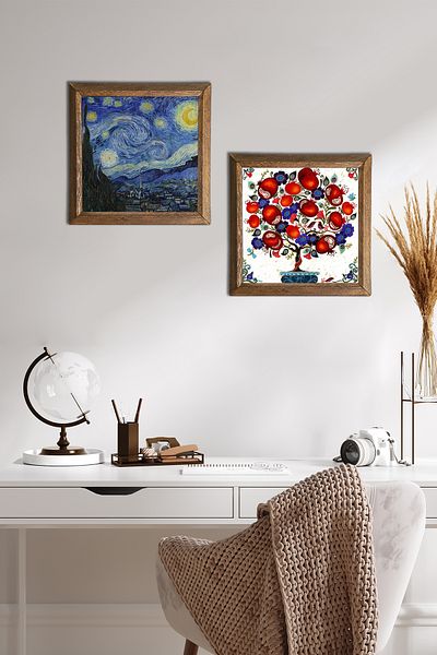 Pinecone Van Gogh Noaptea înstelată, pictură pe perete din piatră de pom de rodie, decor de perete cu rame din lemn, set de 2 picturi -W2-151-
