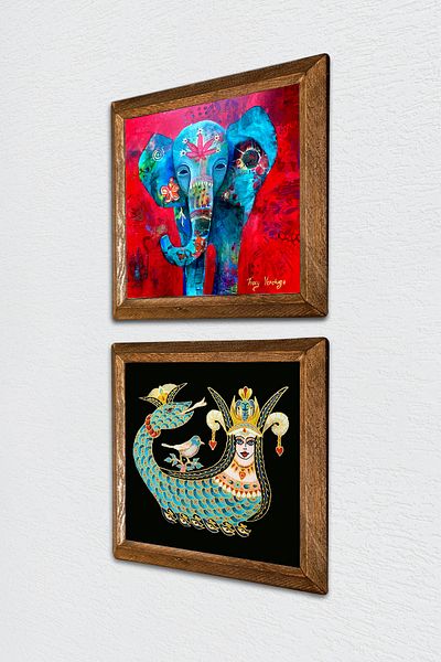 Pinecone Elephant, Shahmeran Stone Wall Painting with Wooden Frame Wall Decor 2 Piece Painting Set Wall Art -W2-267-