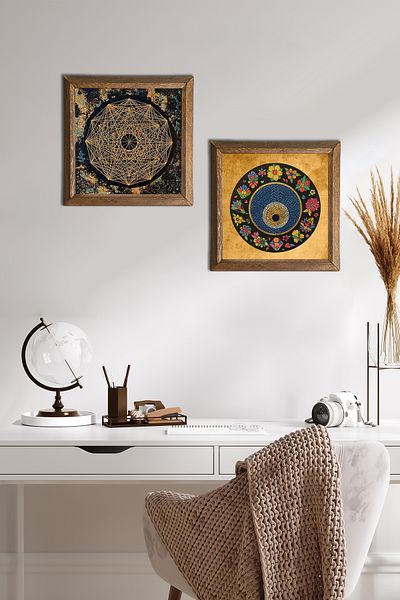 Pinecone Sri Yantra, Evil Eye Stone Wall Painting with Wooden Frame Wall Decor Set of 2 Painting Wall Art -W2-416-