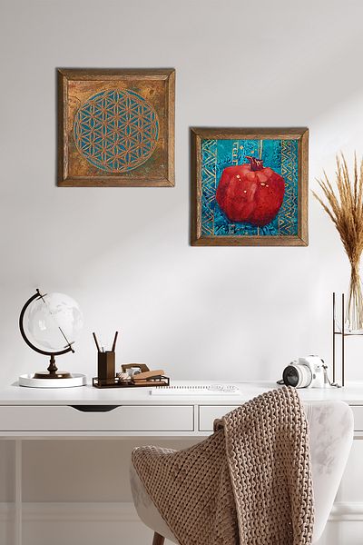 Pinecone Floarea vieții, pictură pe perete din piatră de rodie, decor de perete cu rame din lemn, set de 2 picturi, artă de perete -W2-142-