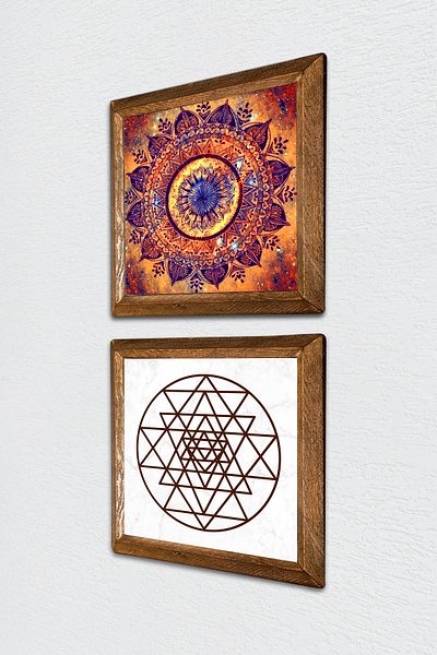 Pinecone Mandala, Sri Yantra Pictură pe perete din piatră Decor de perete cu rame din lemn Set de 2 picturi Artă de perete -W2-472-