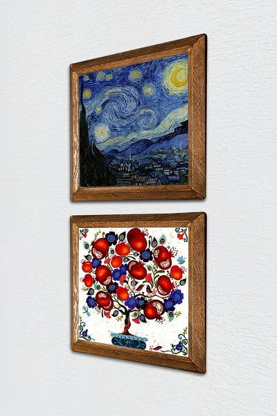 Pinecone Van Gogh Noaptea înstelată, pictură pe perete din piatră de pom de rodie, decor de perete cu rame din lemn, set de 2 picturi -W2-151-