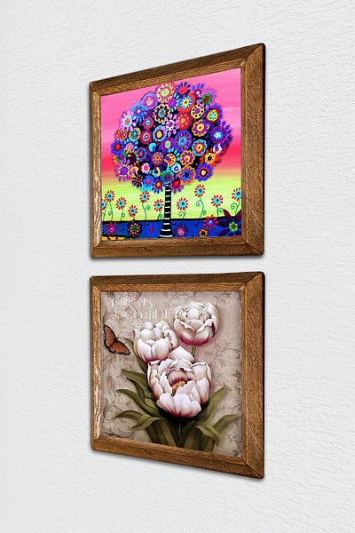 Pinecone Flower with Butterfly, Tree of Life Stone Wall Painting Wooden Framed Wall Decor Set of 2 Painting -W2-611-