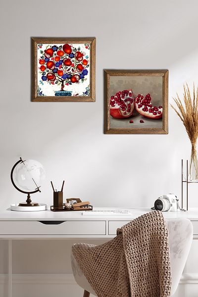 Pinecone Rodie, Pom de rodie Pictură pe perete din piatră Decor de perete cu rame din lemn Set de pictură din 2 piese Artă de perete -W2-648-
