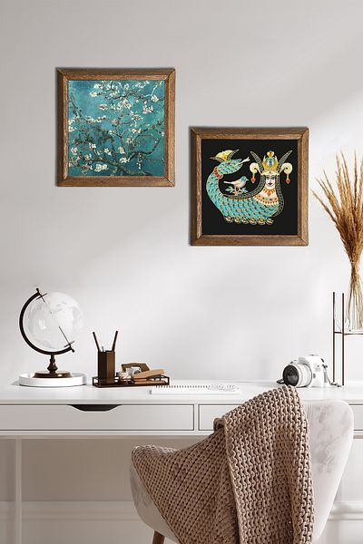 Pinecone Van Gogh Migdal, Pictură de perete din piatră Shahmeran Decor de perete cu rame din lemn Picturi din 2 piese -W2-235-