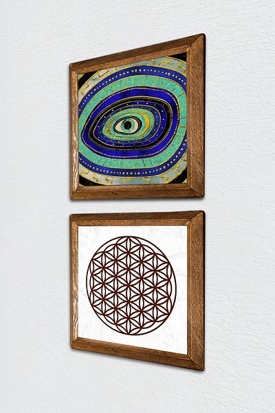 Pinecone Evil Eye, Floarea Vieții Pictură pe perete din piatră Decor de perete cu rame din lemn Set de 2 picturi Artă de perete -W2-482-