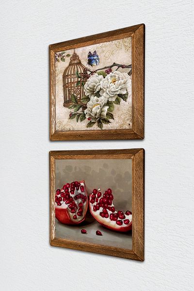 Pinecone Floare Fluture, Pictură Perete Piatră Rodie Decor Perete Cu Rama Din Lemn Set Pictură 2 Piese -W2-730-