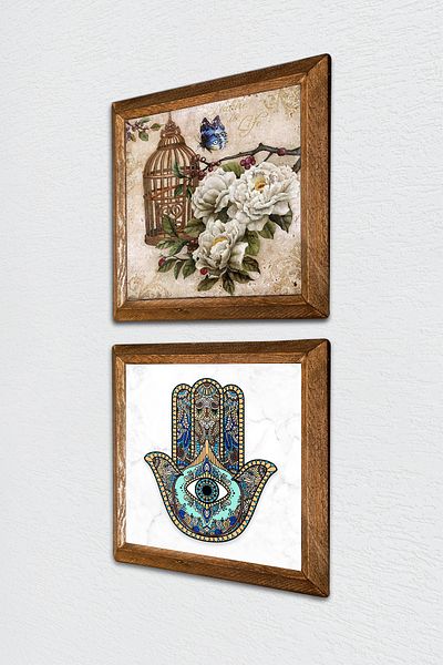 Pinecone Floare Fluture, Mâna Fatmei (Hamsa) Pictură pe perete din piatră Decor de perete cu rame din lemn -W2-05-