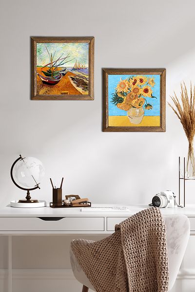 Pinecone Van Gogh Fishing Boats, Twelve Sunflowers in a Vase Stone Wall Painting Framed Wall Decor -W2-389-