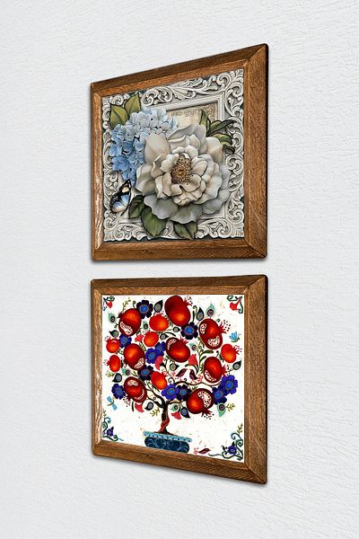 Pinecone Flower with Butterfly, Pomegranate Tree Stone Wall Painting Wooden Framed Wall Decor Set of 2 Painting -W2-146-