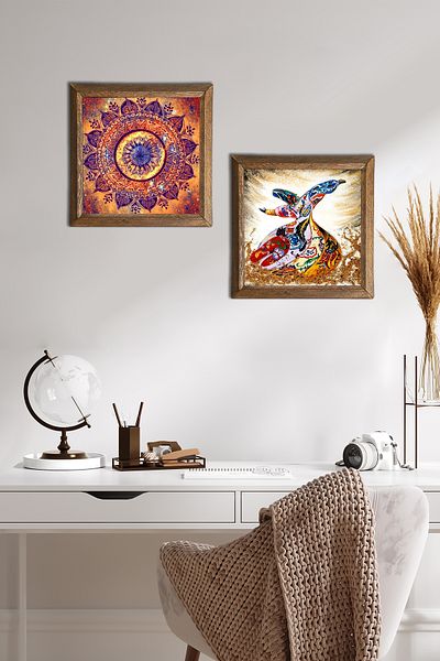 Pinecone Mandala, pictură pe perete cu piatră de stăpâne, decor de perete cu rame din lemn, set de pictură din 2 piese, artă de perete -W2-630-