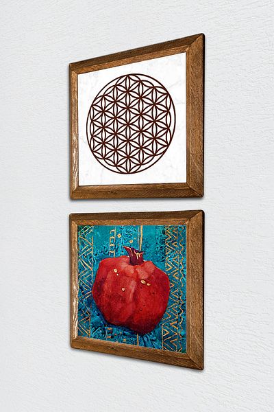 Pinecone Floarea vieții, pictură pe perete din piatră de rodie, decor de perete cu rame din lemn, set de 2 picturi, artă de perete -W2-116-
