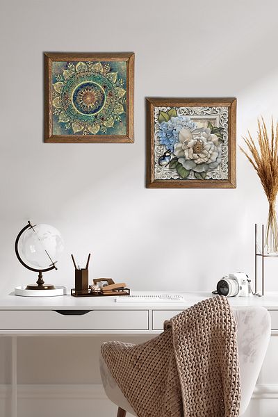 Pinecone Mandala, fluture, flori, pictură pe perete din piatră, decor de perete cu rame din lemn, set de pictură din 2 piese -W2-303-
