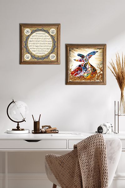 Pinecone Hilye-I Sheriff, Whirling Dervish Stone Wall Painting Wooden Framed Wall Decor 2 Piece Painting Set -W2-614-