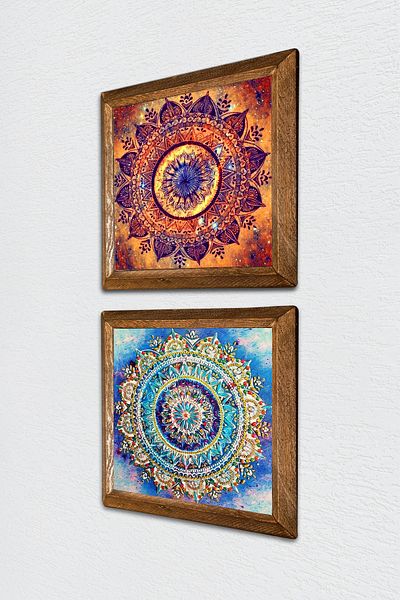 Pinecone Pictură de perete cu piatră Mandala Decor de perete cu rame din lemn Set de pictură din 2 piese Artă de perete -W2-577-