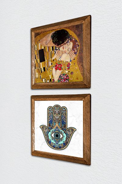 Pinecone Gustav Klimt the Kiss, the Hand of the Mother of Fatma (Hamsa) Stone Wall Painting Wooden Framed Wall Decor -W2-15-