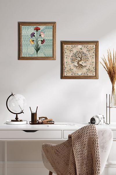 Pinecone Artă marmorată, pictură pe perete din piatră Arborele vieții cu cadru din lemn Decor de perete Set de pictură din 2 piese -W2-223-