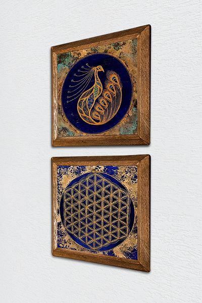Pinecone Peacock, Flower of Life Stone Wall Painting Ξύλινο πλαίσιο Διακόσμηση τοίχου 2 τεμαχίων Σετ ζωγραφικής -W2-451-