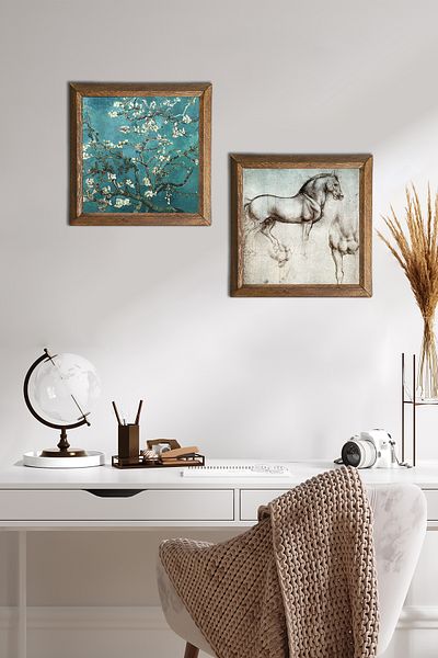 Pinecone Van Gogh Almond Tree, Leonardo Da Vinci Horse Sculpture Stone Wall Painting Framed Wall Decor -W2-316-