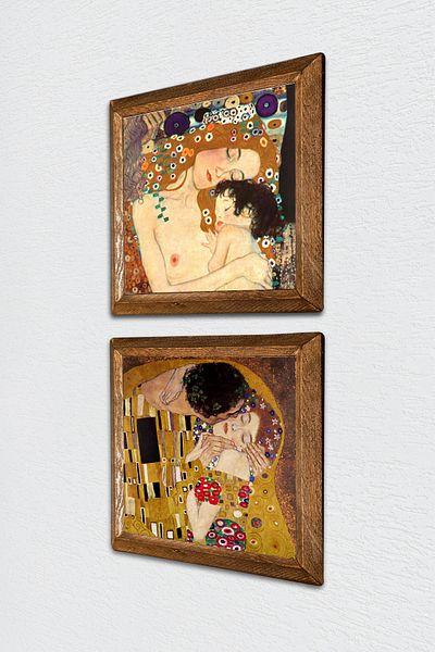 Pinecone Gustav Klimt Mamă Copil, Sărut Piatră Pictură Perete Decor Perete Cadru Lemn 2 Picturi -W2-356-